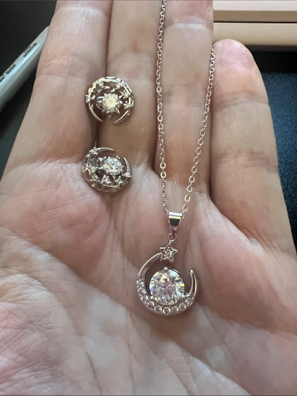 Crescent Moon & Star Moissanite Pendant Necklace and Stud Earrings - Silver